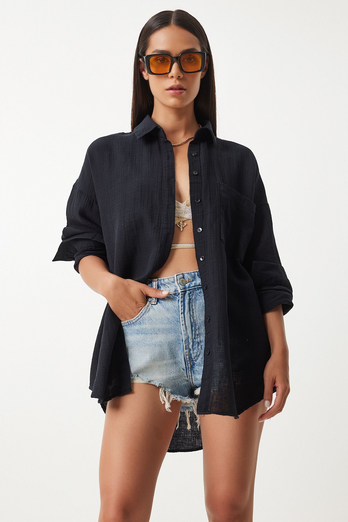 Oversize Basic Müslin Gömlek Siyah Lmx0002 Oversize Basic Müslin Gömlek Siyah Lmx0002