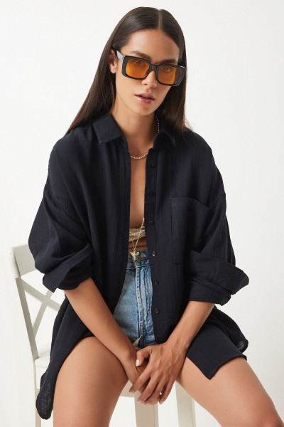 Oversize Basic Müslin Gömlek Siyah Lmx0002