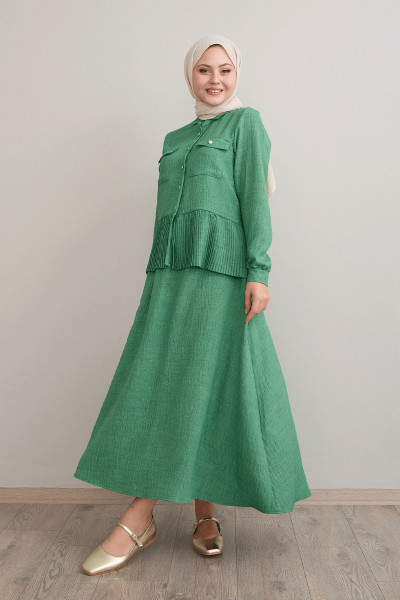 Piliseli Etekli Yeşil Keten Takım
