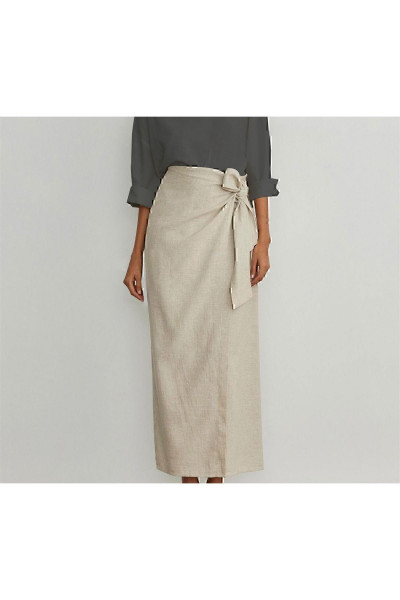 Krem Keten Karışımlı Yandan Bağlamalı Etek