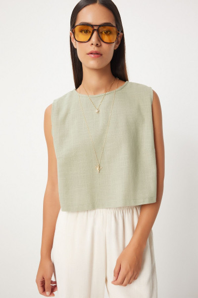 Kolsuz Keten Bluz Açık Haki Lgp0004 Kolsuz Keten Bluz Açık Haki Lgp0004