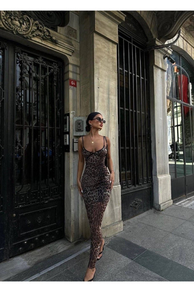 Leopar Desenli Tül Elbise