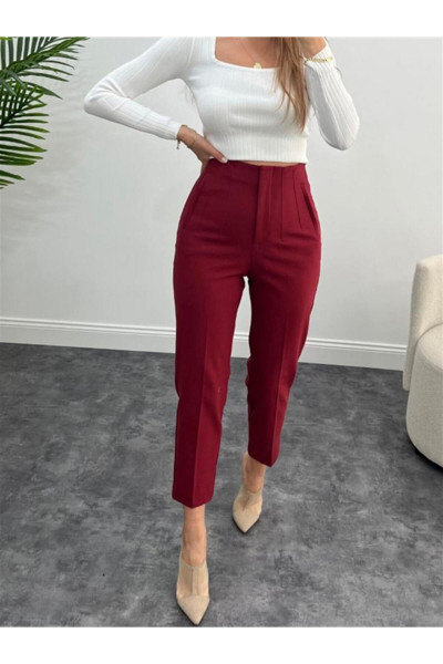 Kadın Pensli Yüksek Bel Boru Paça Kumaş Pantolon Bordo Kadın Pensli Yüksek Bel Boru Paça Kumaş Pantolon Bordo