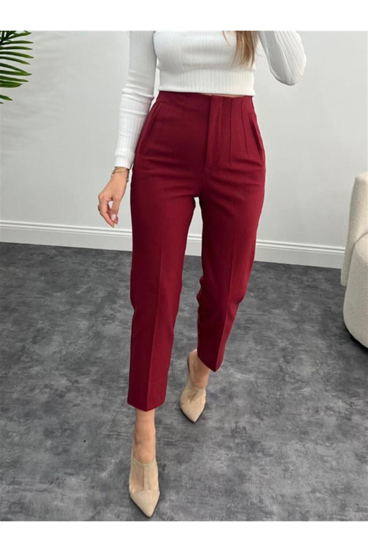 Kadın Pensli Yüksek Bel Boru Paça Kumaş Pantolon Bordo Kadın Pensli Yüksek Bel Boru Paça Kumaş Pantolon Bordo