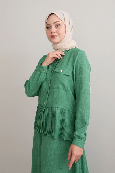 Piliseli Etekli Yeşil Keten Takım