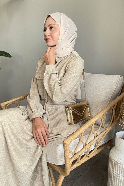 Piliseli Etekli Bej Keten Takım Piliseli Etekli Bej Keten Takım