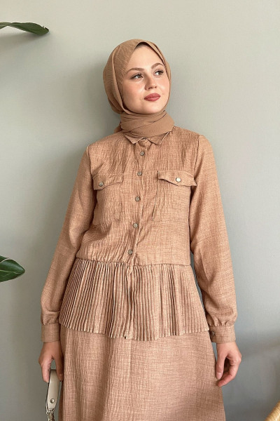 Piliseli Etekli Camel Keten Takım