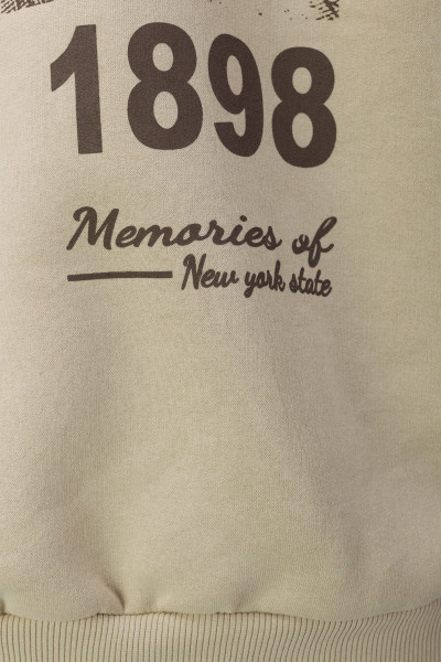 Unisex Bej Brooklyn 1898 Baskılı Bisiklet Yaka Oversize Sweatshirt