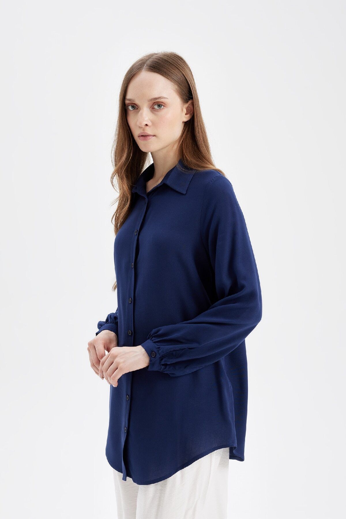 Regular Fit Basic Düz Viskon Uzun Kollu Gömlek Tunik D2613ax24au