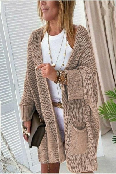 Oversize Kalıp Kahve Kadın Uzun Cepli Triko Hırka Oversize Kalıp Kahve Kadın Uzun Cepli Triko Hırka