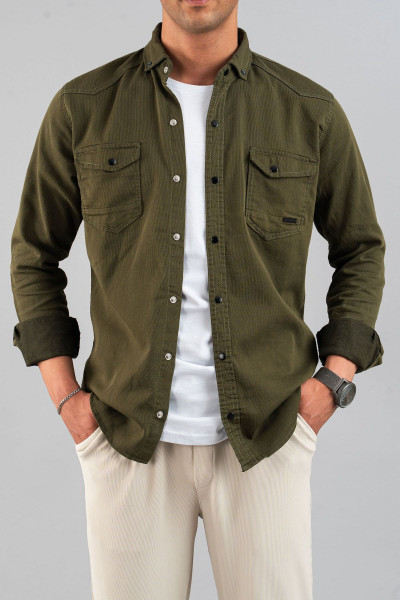 Slim Fit Erkek Kot Gömlek Yeşil