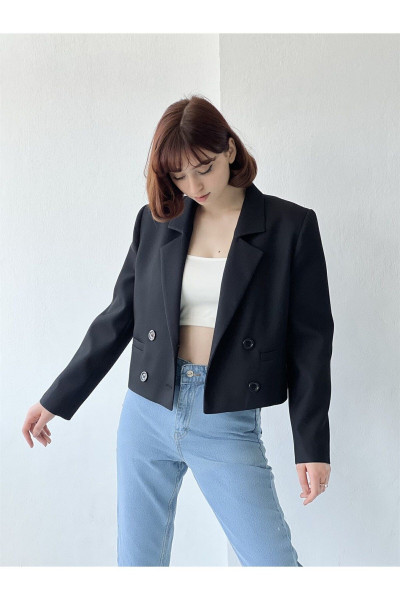 Kısa Blazer Ceket Kadın Siyah
