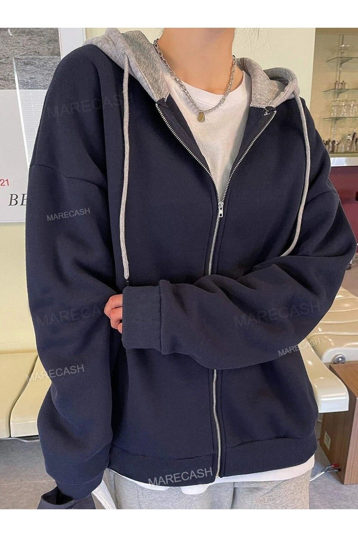 Unisex Lacivert Gri Kapüşonlu Oversize Hırka Zip Unisex Lacivert Gri Kapüşonlu Oversize Hırka Zip