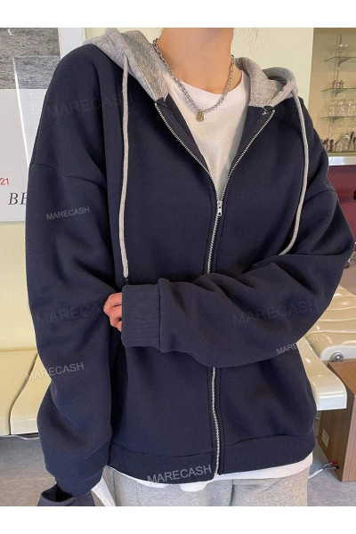 Unisex Lacivert Gri Kapüşonlu Oversize Hırka Zip Unisex Lacivert Gri Kapüşonlu Oversize Hırka Zip