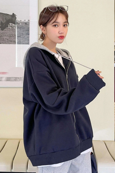 Unisex Lacivert Gri Kapüşonlu Oversize Hırka Zip Unisex Lacivert Gri Kapüşonlu Oversize Hırka Zip