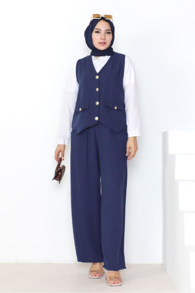 Yelek Pantolon Keten İkili Takım 1035 - Lacivert