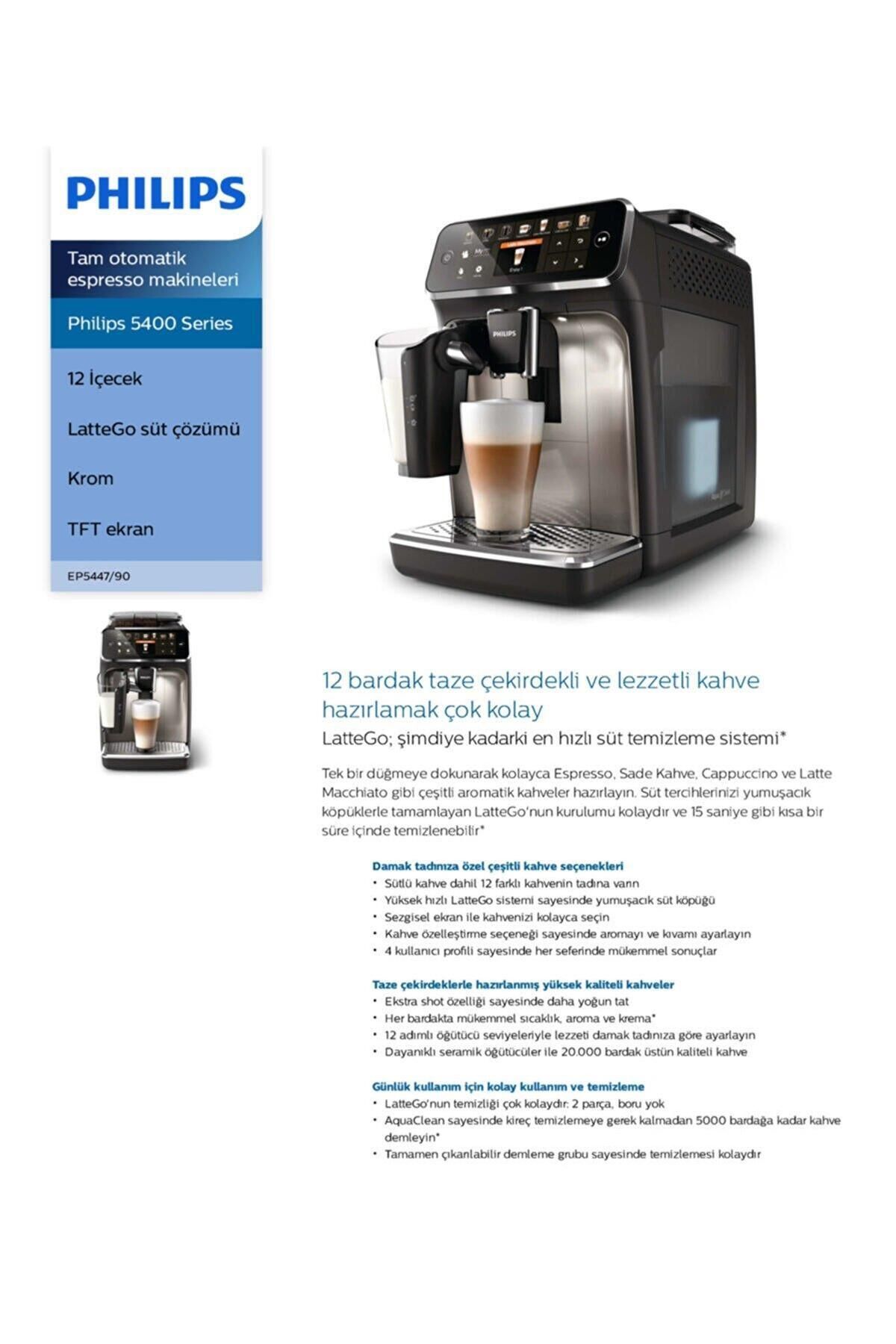 LatteGo Tam Otomatik Espresso Makinesi, Tek Dokunuşla 12 Çeşit İçecek,  EP5447/90 763USERI LatteGo Tam Otomatik Espresso Makinesi, Tek Dokunuşla 12 Çeşit İçecek,  EP5447/90 763USERI