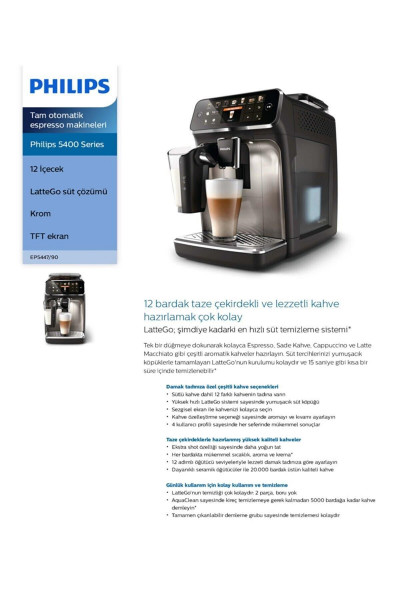 LatteGo Tam Otomatik Espresso Makinesi, Tek Dokunuşla 12 Çeşit İçecek,  EP5447/90 763USERI LatteGo Tam Otomatik Espresso Makinesi, Tek Dokunuşla 12 Çeşit İçecek,  EP5447/90 763USERI