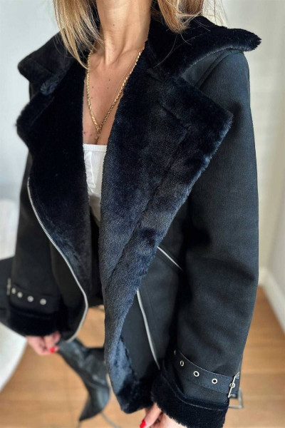 siyah kemer detaylı içi kürklü süet mont siyah kemer detaylı içi kürklü süet mont