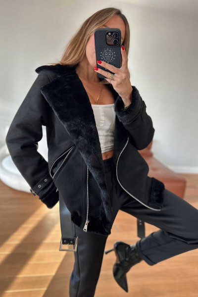 siyah kemer detaylı içi kürklü süet mont siyah kemer detaylı içi kürklü süet mont