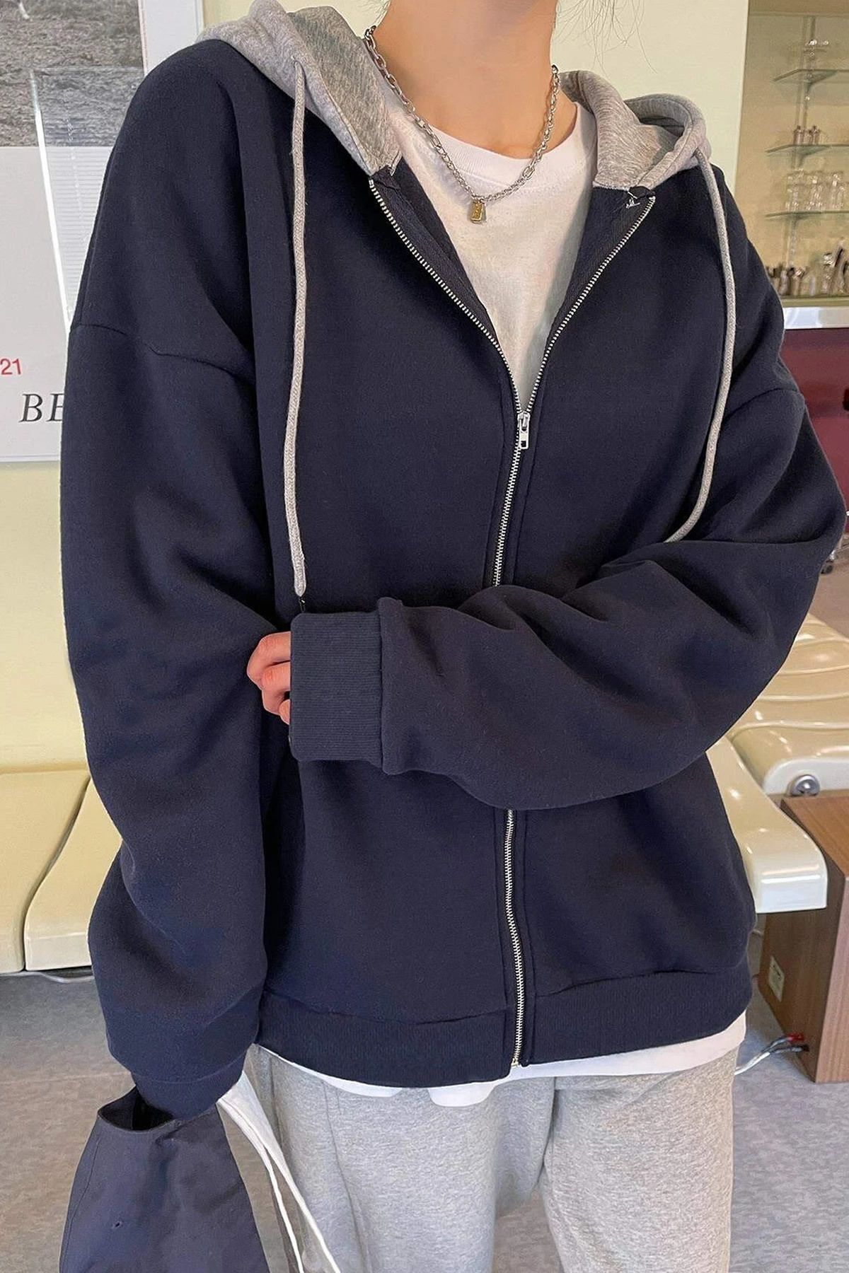 Unisex Lacivert Gri Kapüşonlu Oversize Hırka Zip Unisex Lacivert Gri Kapüşonlu Oversize Hırka Zip