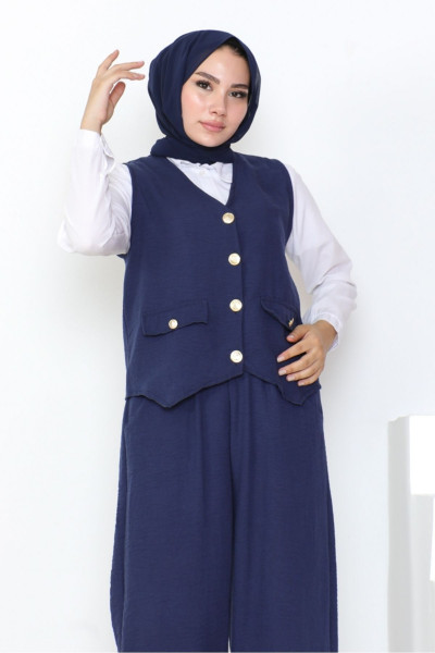 Yelek Pantolon Keten İkili Takım 1035 - Lacivert