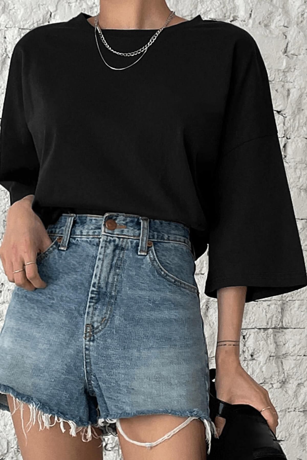 Siyah Basic Düz Baskısız Oversize Salas Boyfriend Kadın T-shirt Siyah Basic Düz Baskısız Oversize Salas Boyfriend Kadın T-shirt