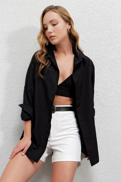 Kadın Siyah Oversize Uzun Basic Gömlek Hzl22w-bd139001 Kadın Siyah Oversize Uzun Basic Gömlek Hzl22w-bd139001