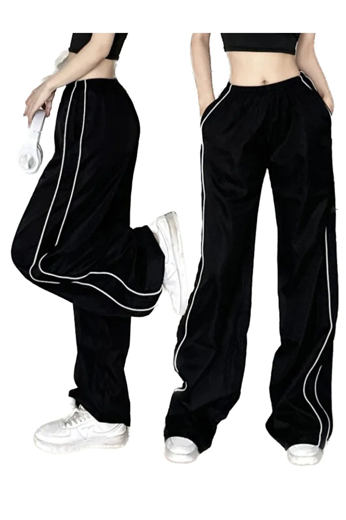 Siyah Beli Lastikli Şeritli Paraşüt Baggy Pantolon