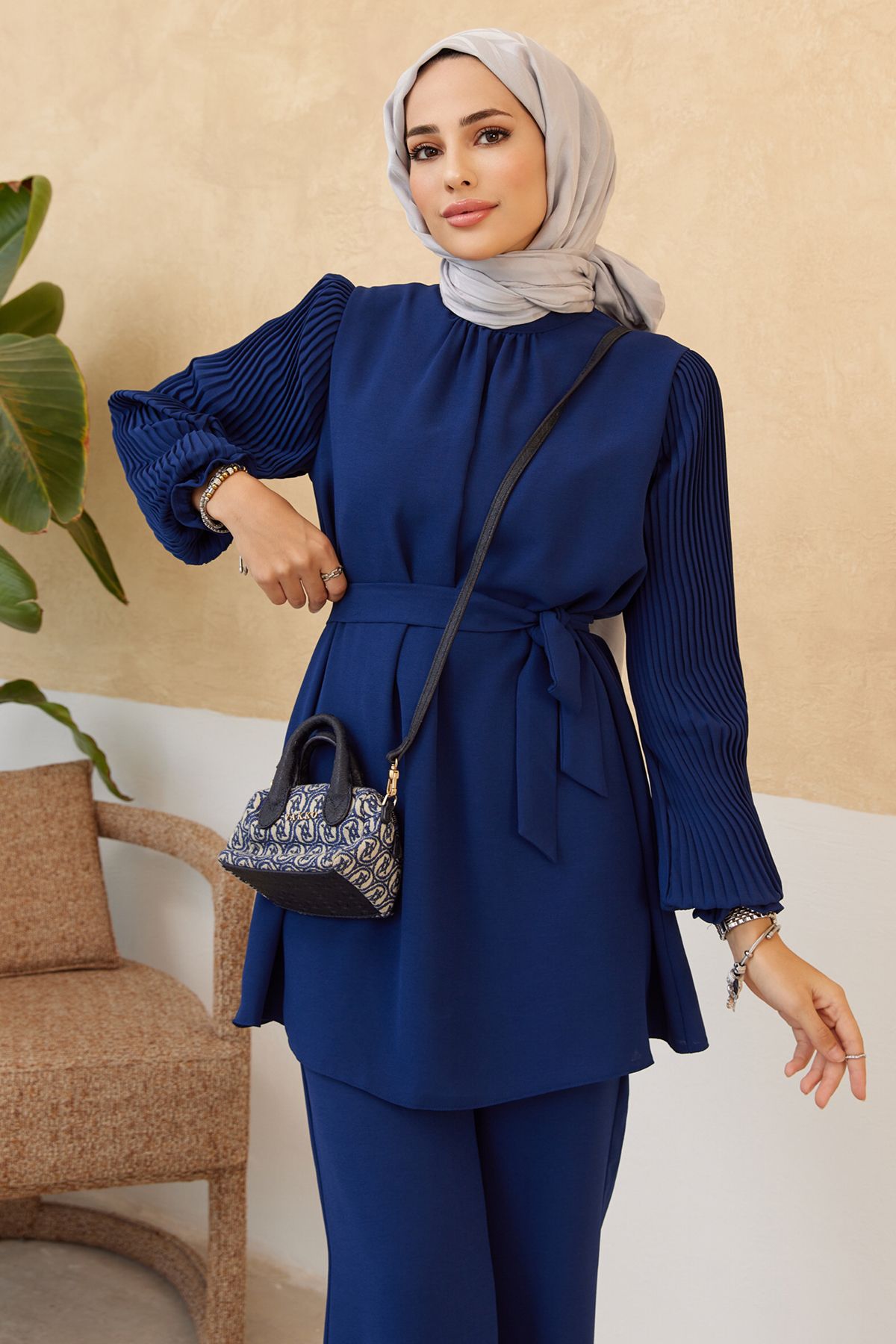 Kolları Piliseli Pantolon Tunik Takım - İndigo Kolları Piliseli Pantolon Tunik Takım - İndigo