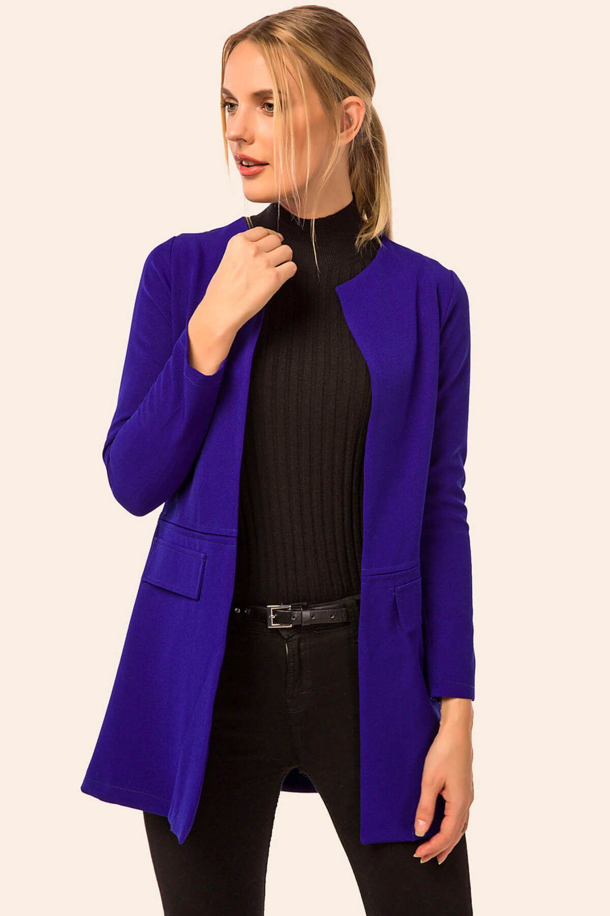 Kadın Saks Beli Dikişli Uzun Ceket ARM-18K001308 Kadın Saks Beli Dikişli Uzun Ceket ARM-18K001308