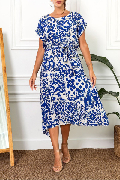 Kadın Saks Beli Lastikli Bağlamalı Desenli Elbise ARM-22Y001044 Kadın Saks Beli Lastikli Bağlamalı Desenli Elbise ARM-22Y001044