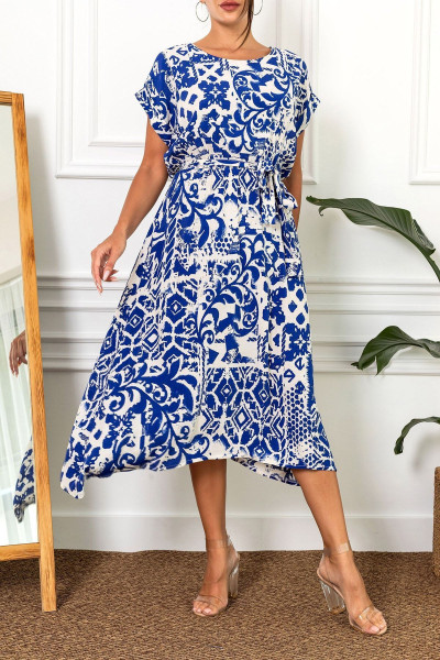 Kadın Saks Beli Lastikli Bağlamalı Desenli Elbise ARM-22Y001044 Kadın Saks Beli Lastikli Bağlamalı Desenli Elbise ARM-22Y001044