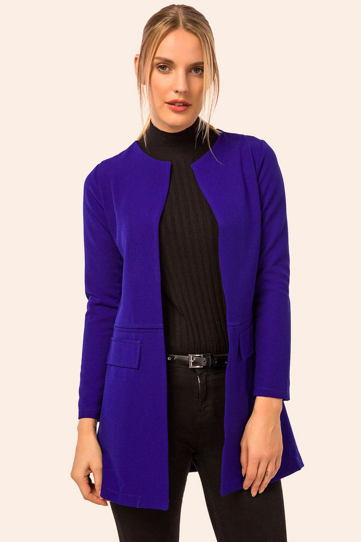 Kadın Saks Beli Dikişli Uzun Ceket ARM-18K001308 Kadın Saks Beli Dikişli Uzun Ceket ARM-18K001308