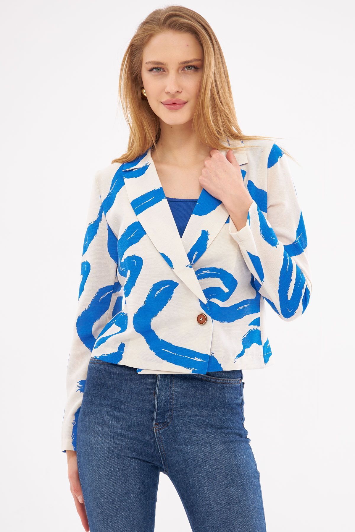 Kadın Saks Kruvaze Yaka Desenli Crop Ceket ARM-24Y001058 Kadın Saks Kruvaze Yaka Desenli Crop Ceket ARM-24Y001058