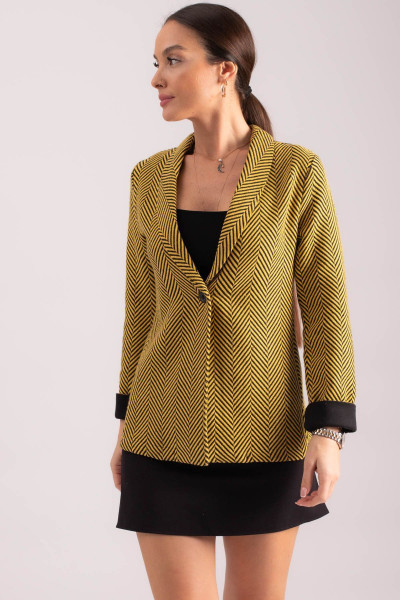 Kadın Sarı Balık Sırtı Desen Kolu Katlamalı Tek Düğmeli Kaşe Ceket ARM-24K001066