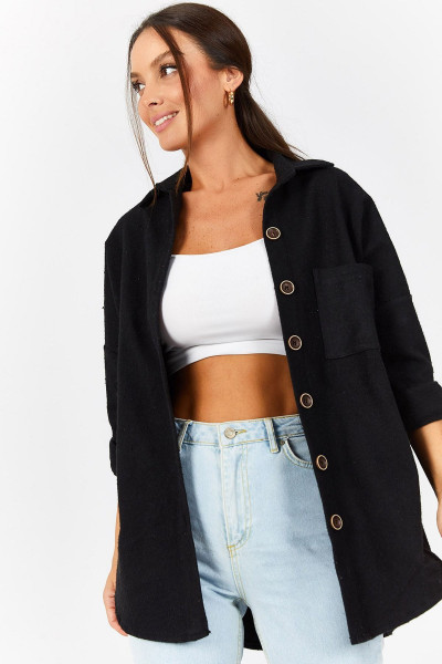 Kadın Siyah Oversize Kaşe Cepli Gömlek Arm-22Y001156 Kadın Siyah Oversize Kaşe Cepli Gömlek Arm-22Y001156