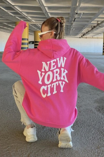 Kadın Pembe New York City Baskılı Kapüşonlu Oversize Sweatshirt Kadın Pembe New York City Baskılı Kapüşonlu Oversize Sweatshirt