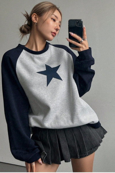 Unisex Gri Reglan Kol Bisiklet Yaka Yıldız Baskılı Oversize Sweatshirt