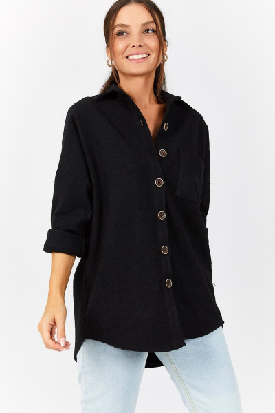 Kadın Siyah Oversize Kaşe Cepli Gömlek Arm-22Y001156 Kadın Siyah Oversize Kaşe Cepli Gömlek Arm-22Y001156