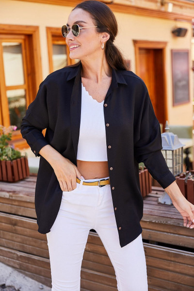 Kadın Siyah Oversize Uzun Basic Gömlek Kadın Siyah Oversize Uzun Basic Gömlek