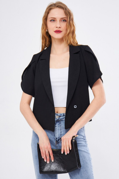 Kadın Siyah İkosiokto Ceket Kolu Yırtmaç Detaylı Crop Kısa Kollu ARM-24Y001048 Kadın Siyah İkosiokto Ceket Kolu Yırtmaç Detaylı Crop Kısa Kollu ARM-24Y001048