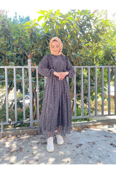 Kemerli Çiçekli Fırfırlı Tesettür Elbise