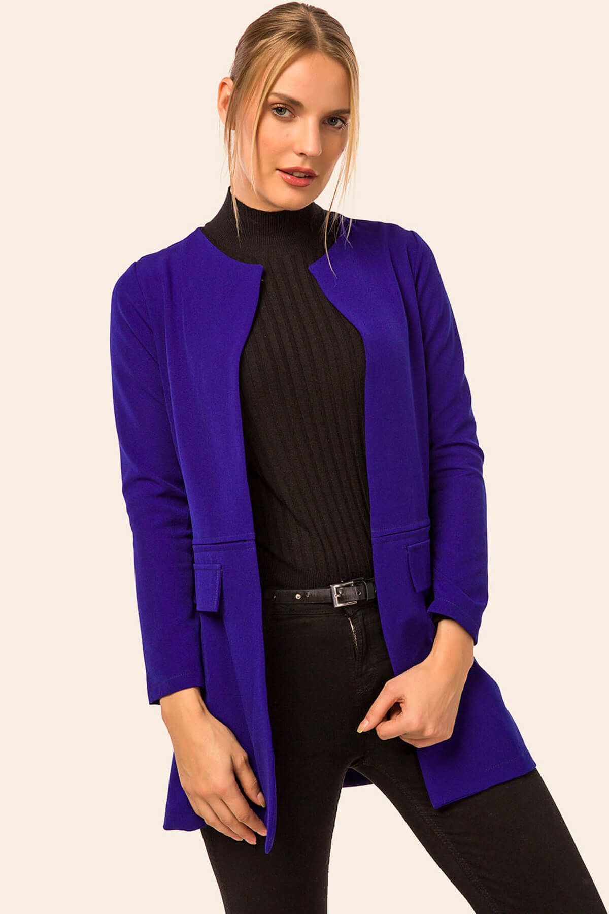 Kadın Saks Beli Dikişli Uzun Ceket ARM-18K001308 Kadın Saks Beli Dikişli Uzun Ceket ARM-18K001308