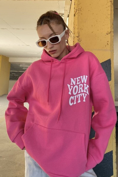 Kadın Pembe New York City Baskılı Kapüşonlu Oversize Sweatshirt Kadın Pembe New York City Baskılı Kapüşonlu Oversize Sweatshirt