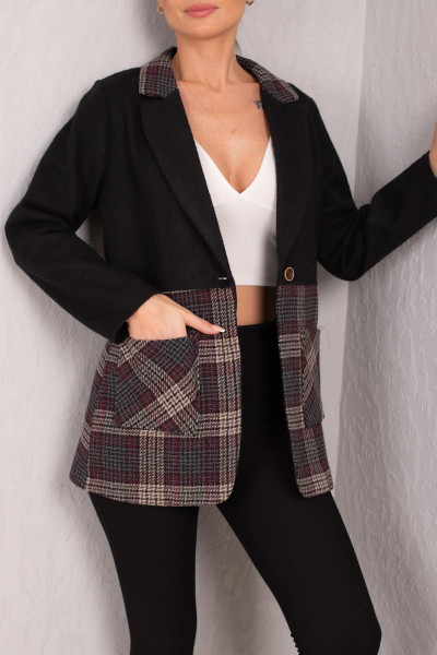Kadın Siyah Ekose Desen Cepli Tek Düğmeli Kaşe Ceket ARM-24K001035 Kadın Siyah Ekose Desen Cepli Tek Düğmeli Kaşe Ceket ARM-24K001035