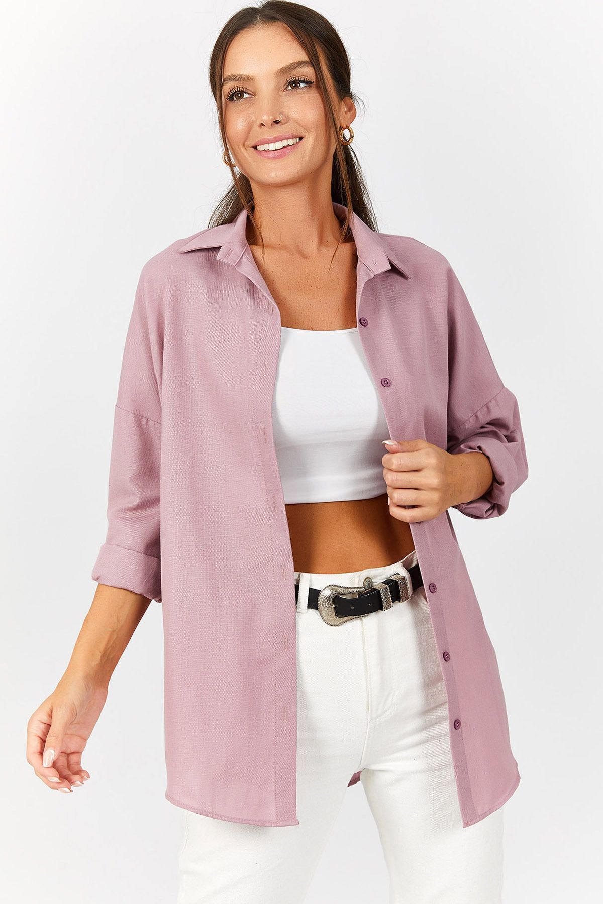 Kadın Pembe Oversize Uzun Basic Gömlek Arm-22y001118