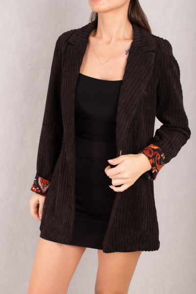 Kadın Siyah Kol İçi Desenli Tek Düğmeli Kadife Ceket ARM-24K001056