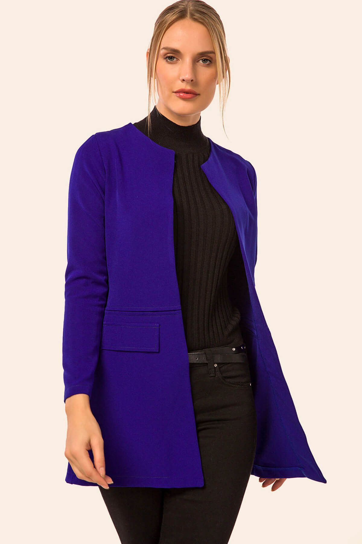 Kadın Saks Beli Dikişli Uzun Ceket ARM-18K001308 Kadın Saks Beli Dikişli Uzun Ceket ARM-18K001308