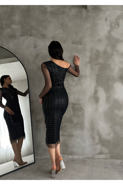 Yeni Sezon Tek Omuz Puantiye  Desenli  Varaklı Tül Elbise